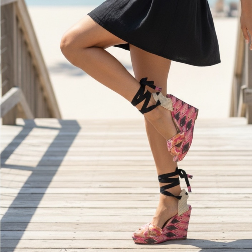 Stuart Weitzman x Theodora & Callum Aztec Peacock Lace Up Wedges